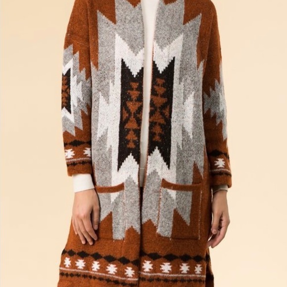Rust Aztec Open-Front Long Cardigan Sweater - Picture 2 of 8